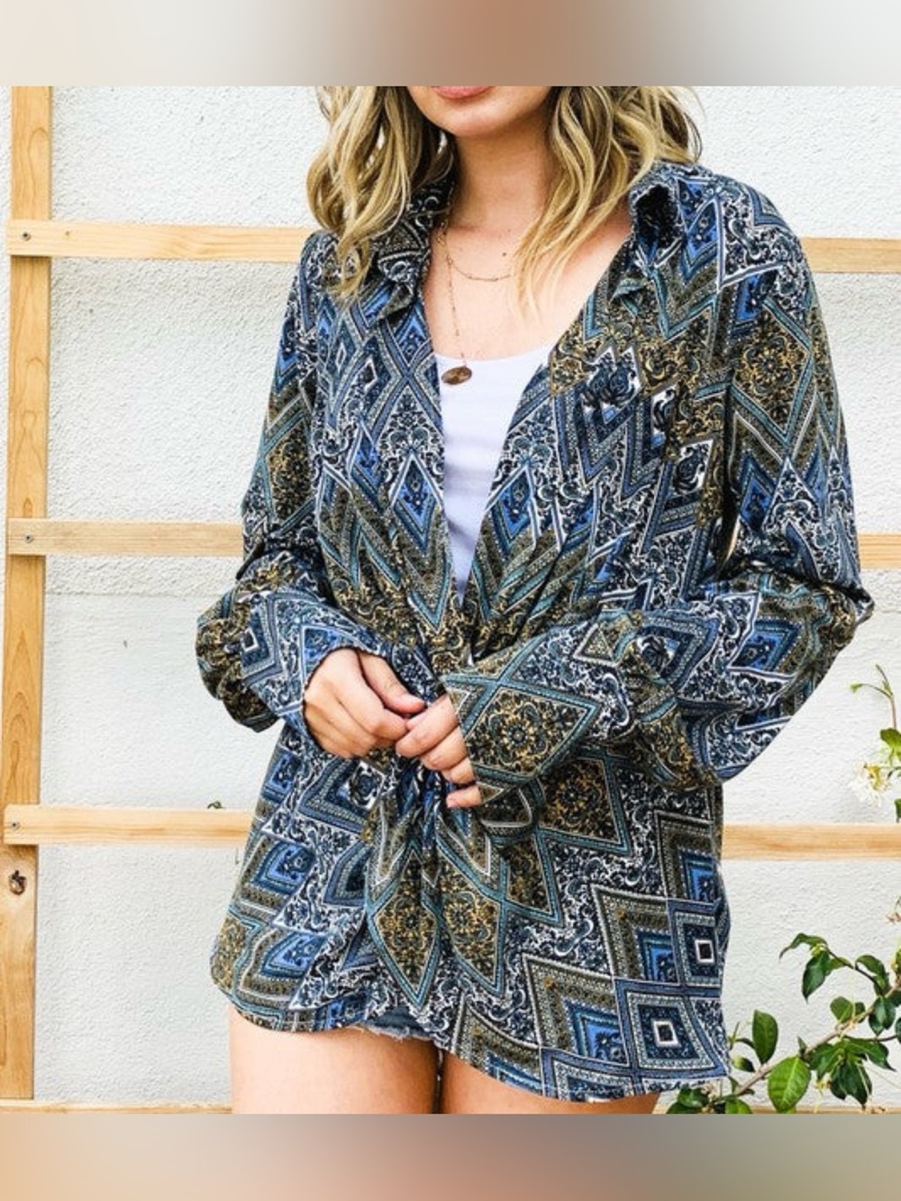 ANDTHEWHY AZTEC PRINT TWIST KNOT BALLOON SLEEVE BLOUSE